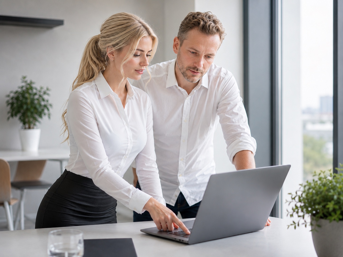Zwei Mitarbeitende arbeiten gemeinsam am Laptop im ISMS
