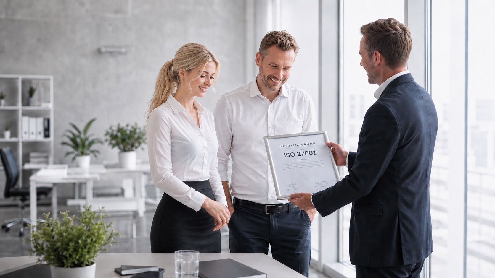 Übergabe des ISO-27001-Zertifikats an ein Kundenteam
