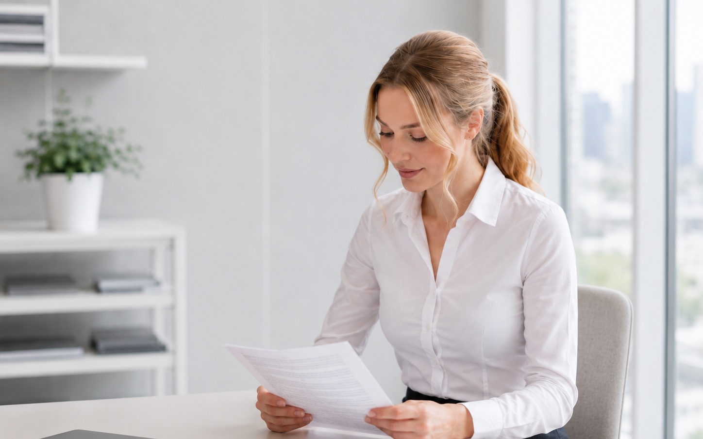 Fachfrau liest konzentriert einen Fachtext zur Informationssicherheit